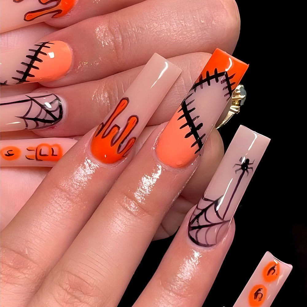 New Halloween Fake Nails Patch Black Almond/Coffin Head Artificial Nail Tips Pumpkin Spider Ghost Printed Press on Nail for Girl Z5