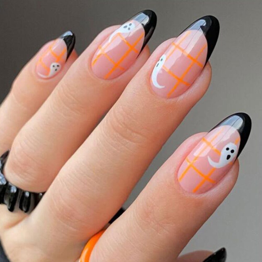 New Halloween Fake Nails Patch Black Almond/Coffin Head Artificial Nail Tips Pumpkin Spider Ghost Printed Press on Nail for Girl Z12