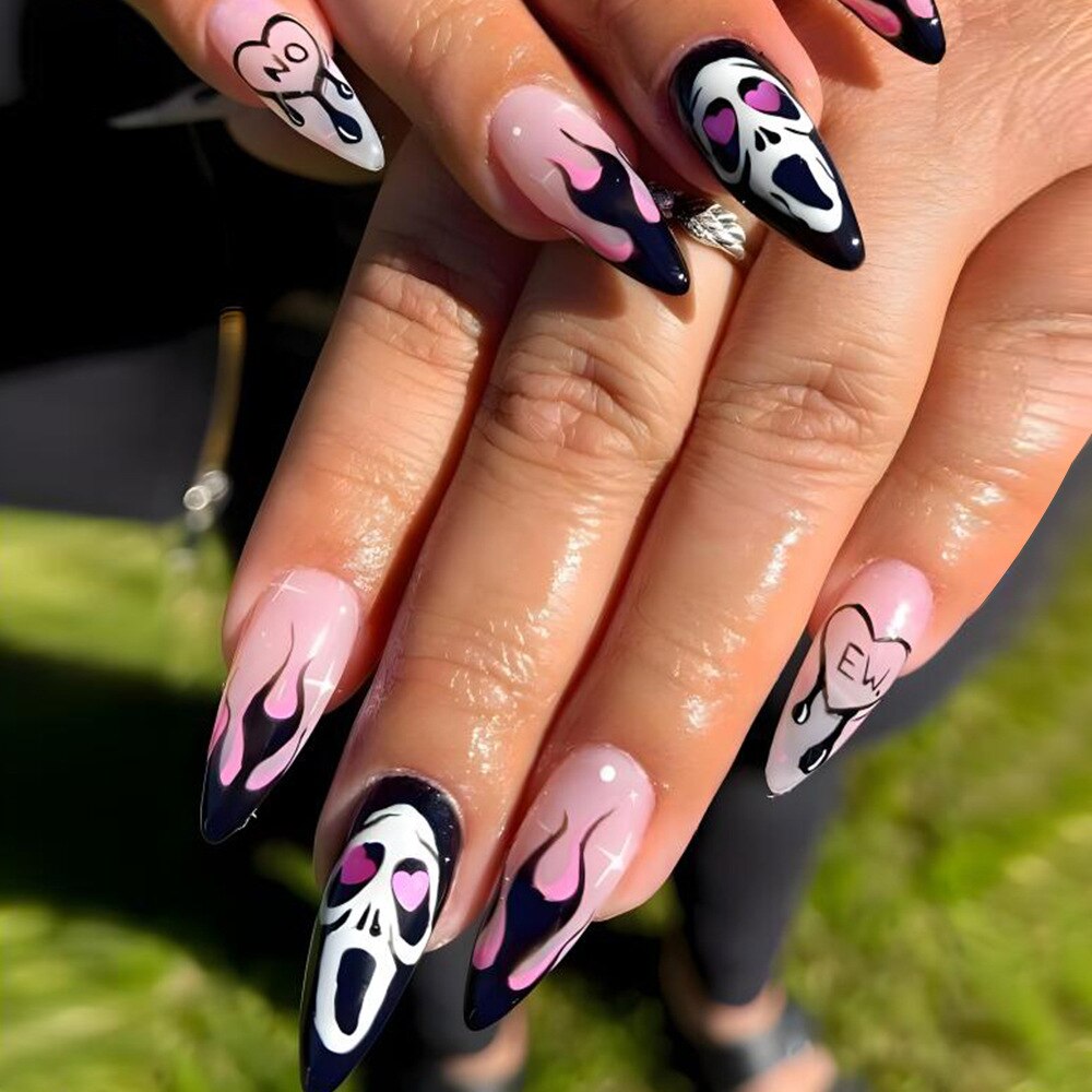 New Halloween Fake Nails Patch Black Almond/Coffin Head Artificial Nail Tips Pumpkin Spider Ghost Printed Press on Nail for Girl Z4