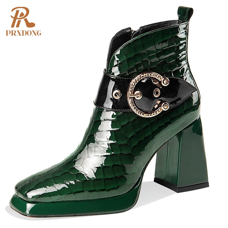 New Genuine Leather Women's Boots Ladies Ankle Boots High Heels Buckle Platform Shoes for Female Autumn Winter green short plush