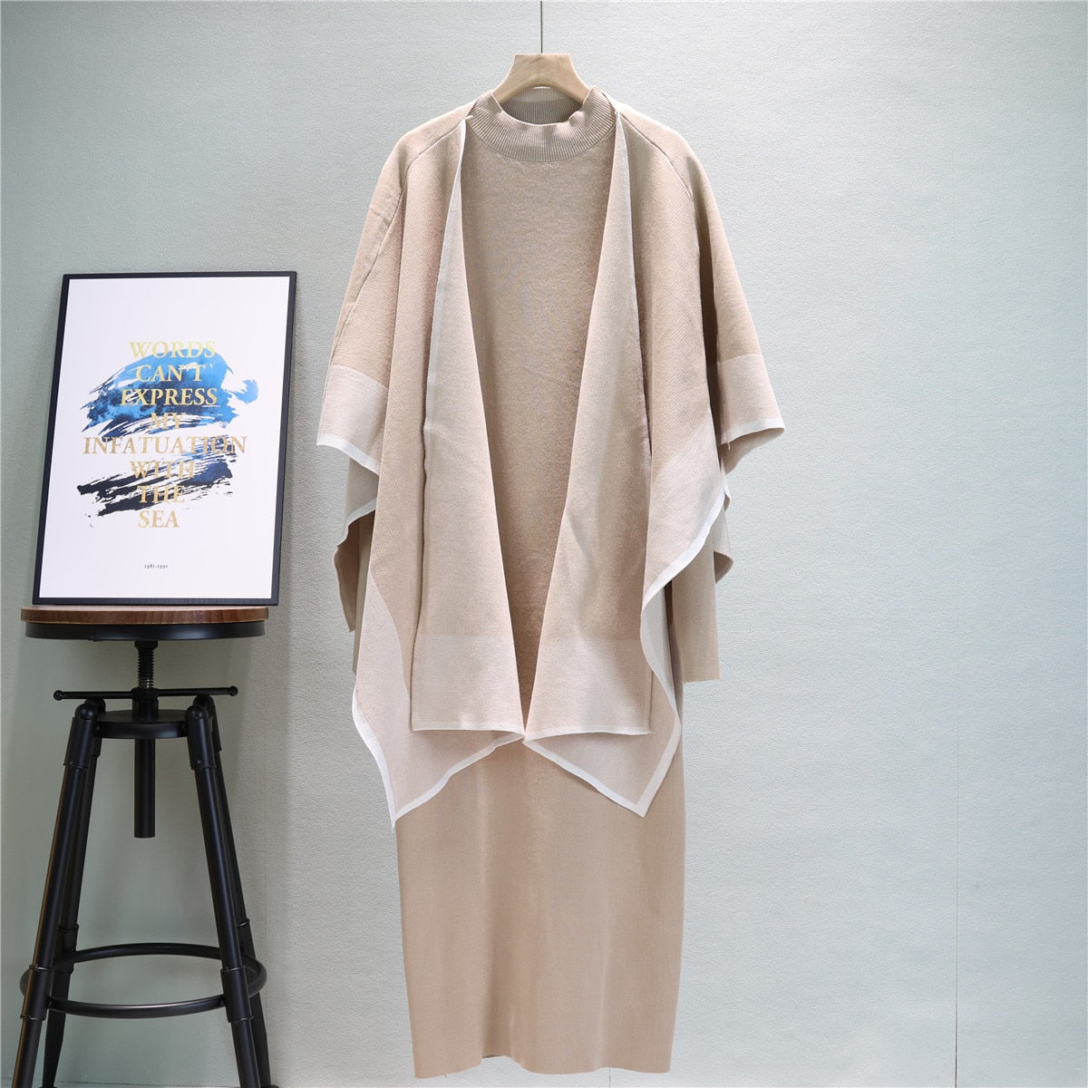 New In Autumn Winter Dress Elegant Women's Clothing Long Sleeve Sweater Knitted Dress Two-piece Sets With Scarf 2024 Khaki One Size