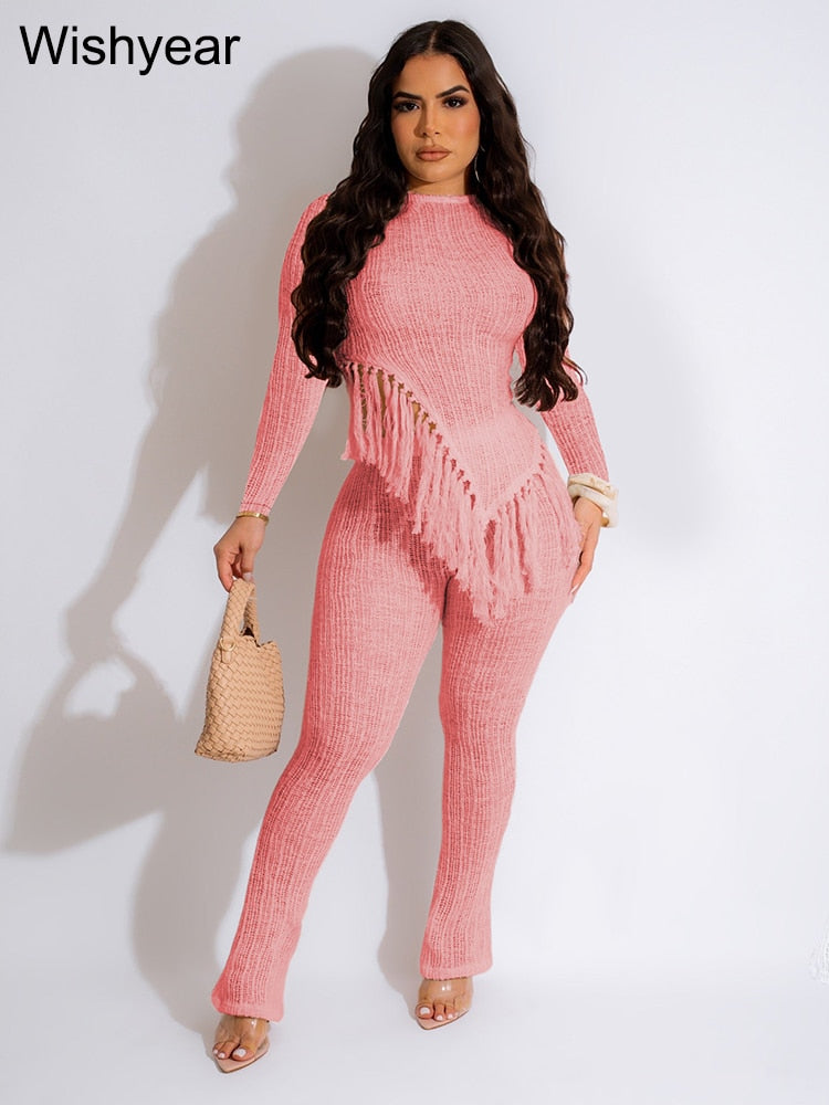 New In Fringe Tassel Long Sleeve Top and Pants Two Piece Set for Women Autumn Winter Birthday Party Club Night Outfit