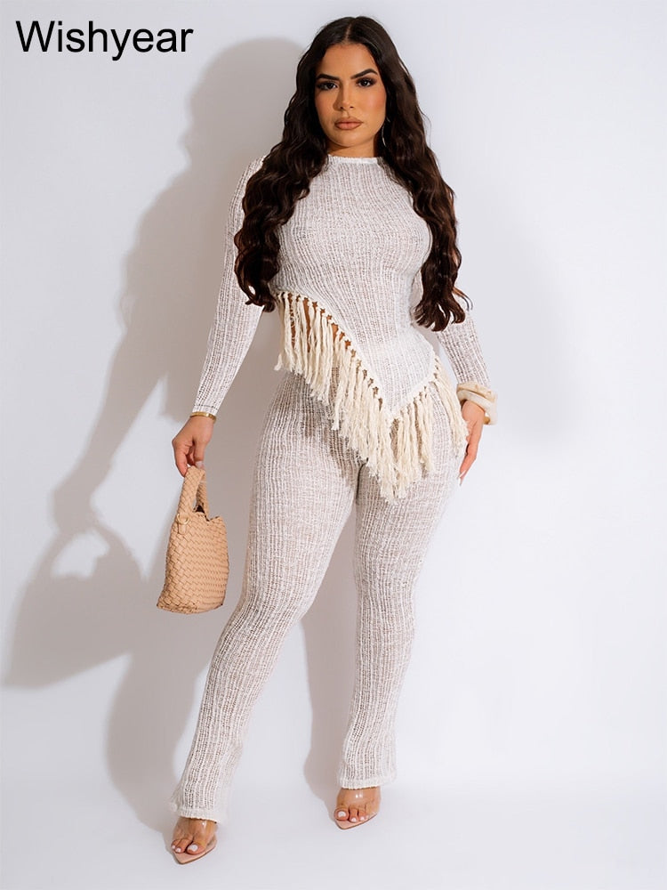 New In Fringe Tassel Long Sleeve Top and Pants Two Piece Set for Women Autumn Winter Birthday Party Club Night Outfit