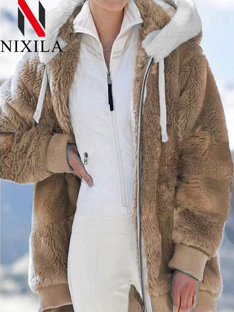 New In Spring Autumn Loose Plush Zipper Hooded Jacket Women's Coats and Jackets Women's Pink Clothes Winter Jackets Women Tops