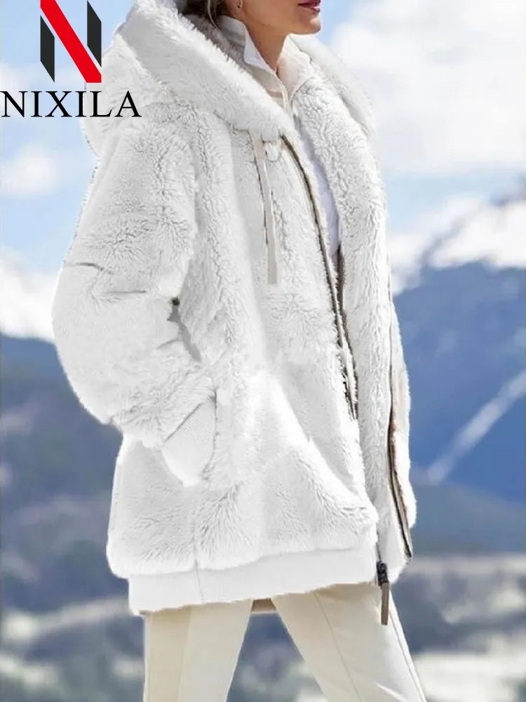 New In Spring Autumn Loose Plush Zipper Hooded Jacket Women's Coats and Jackets Women's Pink Clothes Winter Jackets Women Tops