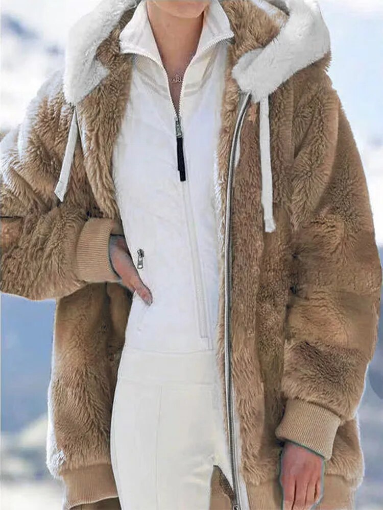 New In Spring Autumn Loose Plush Zipper Hooded Jacket Women's Coats and Jackets Women's Pink Clothes Winter Jackets Women Tops Khaki