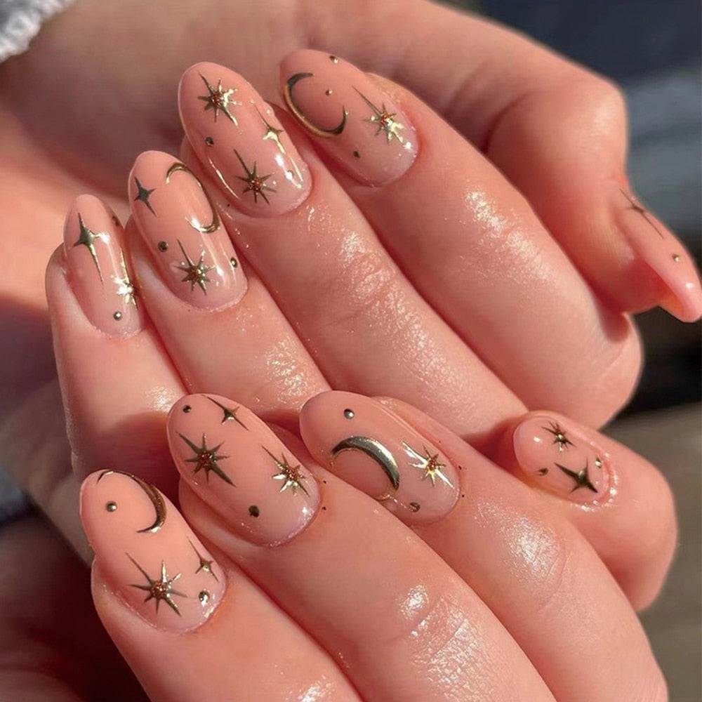 New Medium Coffin Fake Nails 24pcs Gold Eye Pattern Artificial Nails For Girls Wearable Full Cover European False Nail Tips B2