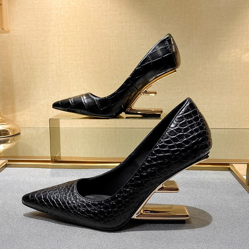 New Metal High Heels Women Shoes Strange Style Pumps Women Pointed Toe Buckle Party Dress Shoes Women Fashion Zapatos De Mujer