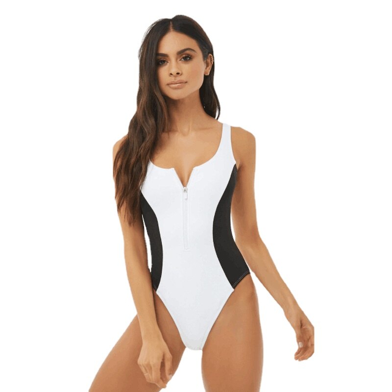 New One Piece Swimsuit- Swimwear Patchwork Metal Decor Cross Back Strap Zipper Bathing Suit multi