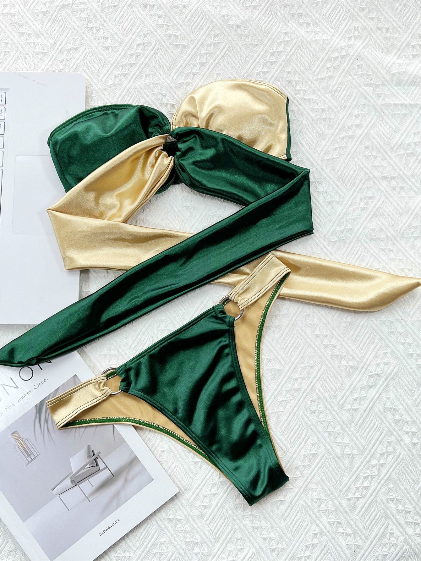 New Sexy Bikini Bandeau Block Color Swimwear - Swimsuit Bikinis Set Bathing Suit Bikini Female Push Up Metal Ring Decor Green