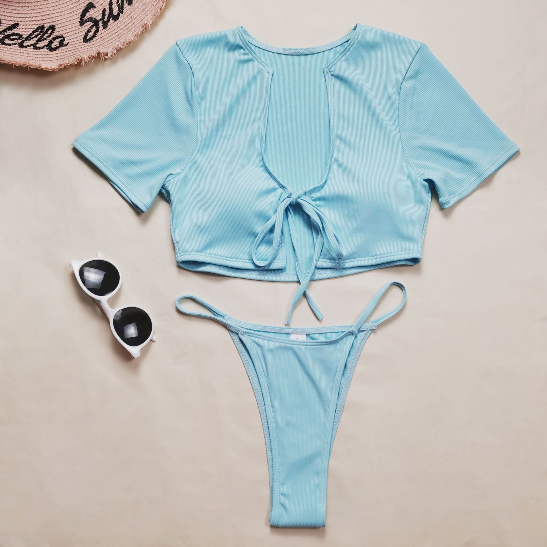 New Sexy Bikini Sky Blue High Elastic Pit Strip Short Sleeve Swimwear - Swimsuit Female Beach Bikinis Set Bathing Suit