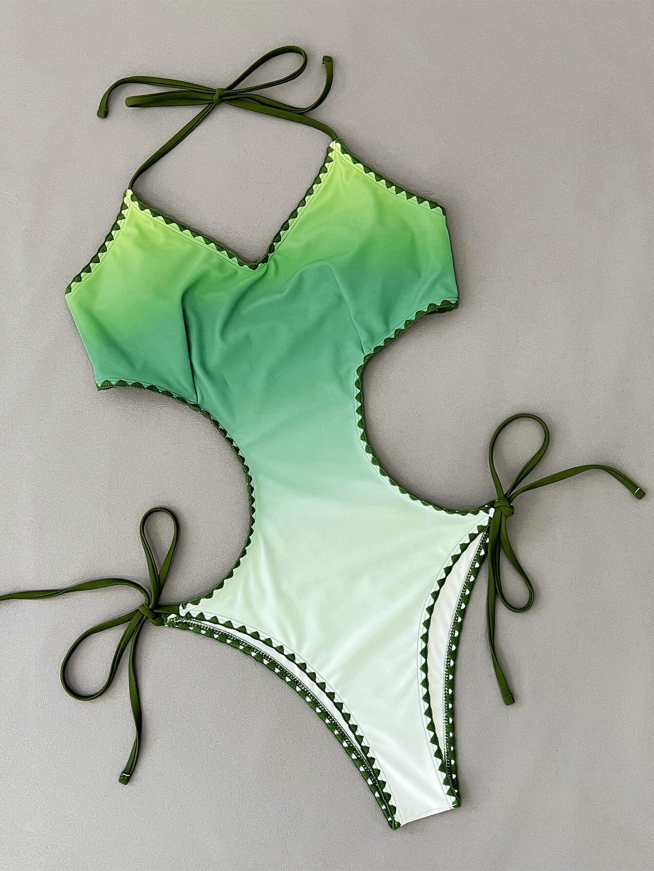 New Sexy One Piece Swimsuit - Swimwear V-neck Halter Gradient One-piece Bathing Suit Beachwear Emerald Green