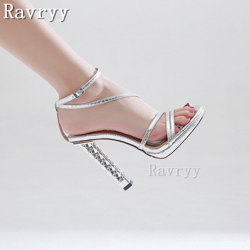 New Summer Genuine Leather High Heel Sandals Gold Sliver Waterproof Platform Round Toe Buckle Strap Women's Sexy Stiletto Shoes AMAIO