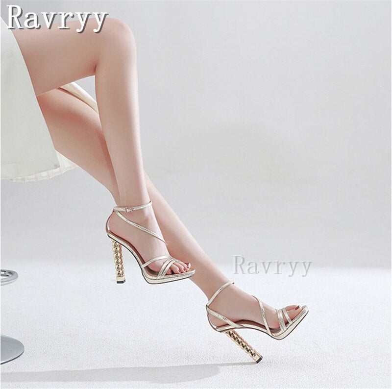 New Summer Genuine Leather High Heel Sandals Gold Sliver Waterproof Platform Round Toe Buckle Strap Women's Sexy Stiletto Shoes AMAIO