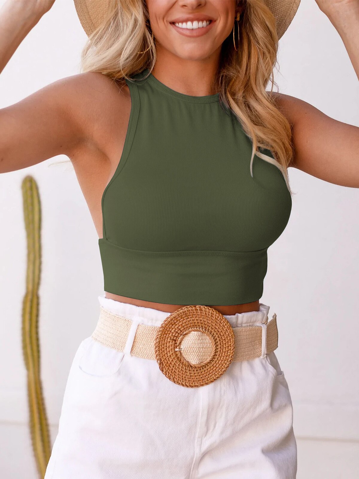 New Summer Slim Short Top Sexy Women Sleeveless O Neck Croptops Open Navel Tank Tops Solid Black/White Crop Vest Tops Wholesale olive green