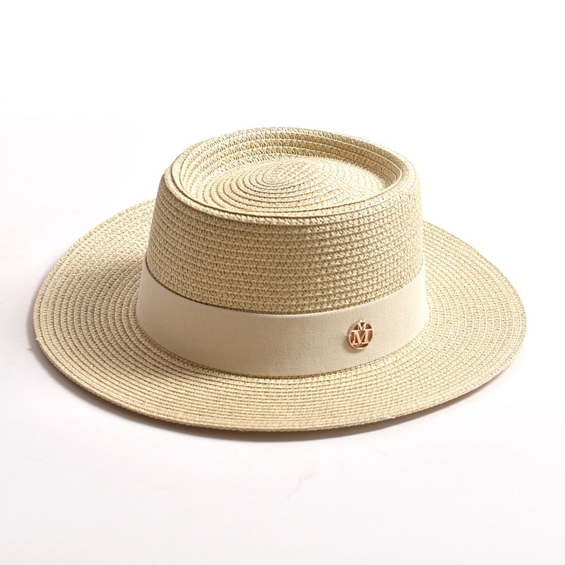 New Summer Straw Sun Hats for Women Ladies Fashion Flat Brim Ribbon Beach Hat Travel Dress Cap chapeau femme Beige 56-58CM