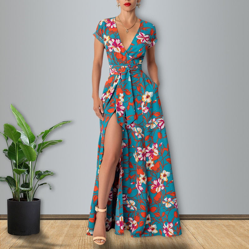 New Summer Women Long Dress Retro Printed Beach Maxi Dress V- Neck Tie Up Sashes Split A-Line Dress Vestidos