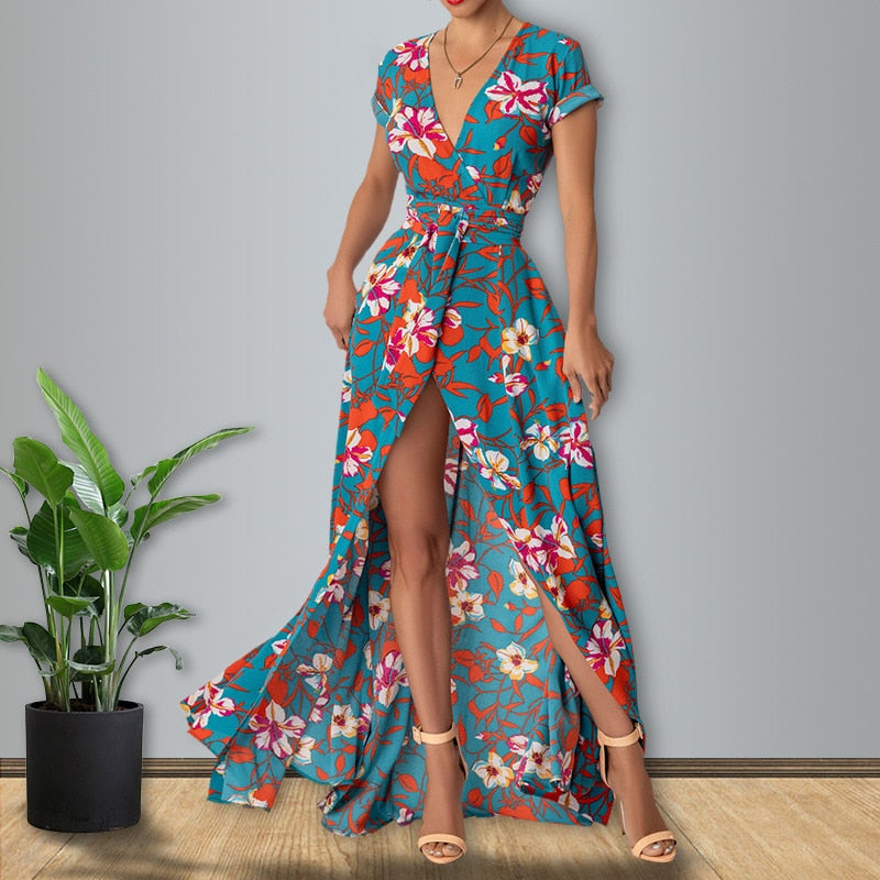 New Summer Women Long Dress Retro Printed Beach Maxi Dress V- Neck Tie Up Sashes Split A-Line Dress Vestidos