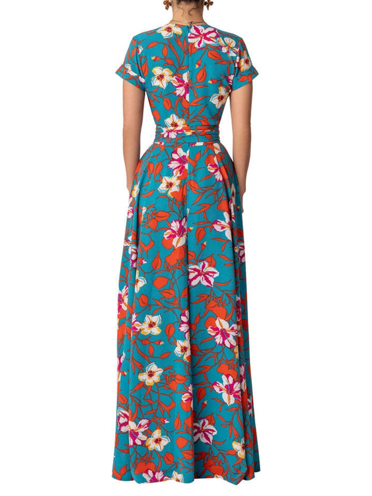 New Summer Women Long Dress Retro Printed Beach Maxi Dress V- Neck Tie Up Sashes Split A-Line Dress Vestidos