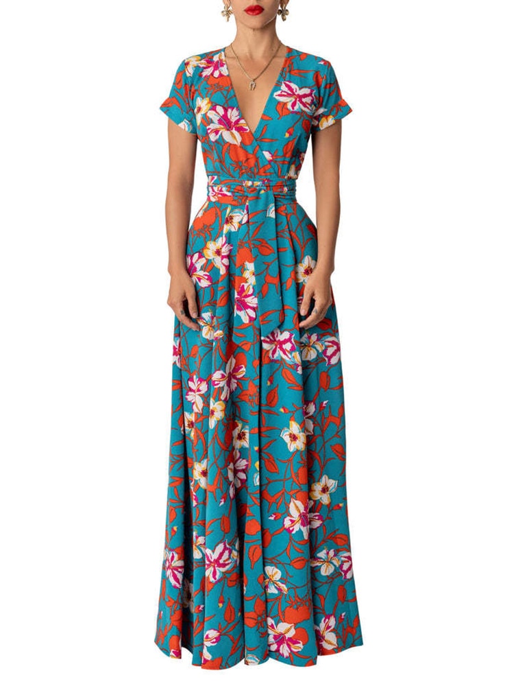 New Summer Women Long Dress Retro Printed Beach Maxi Dress V- Neck Tie Up Sashes Split A-Line Dress Vestidos