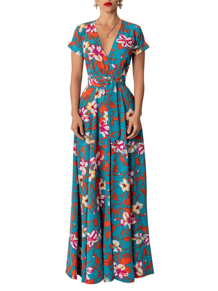 New Summer Women Long Dress Retro Printed Beach Maxi Dress V- Neck Tie Up Sashes Split A-Line Dress Vestidos AMAIO