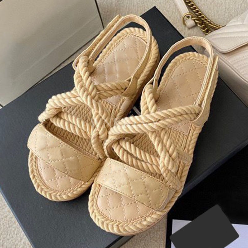 New Summer Women Real Leather Splicing Hemp Rope Open Toe Casual Sandals With Sticky Strap Design Resort Beach Flat Shoes 2024 as show 1