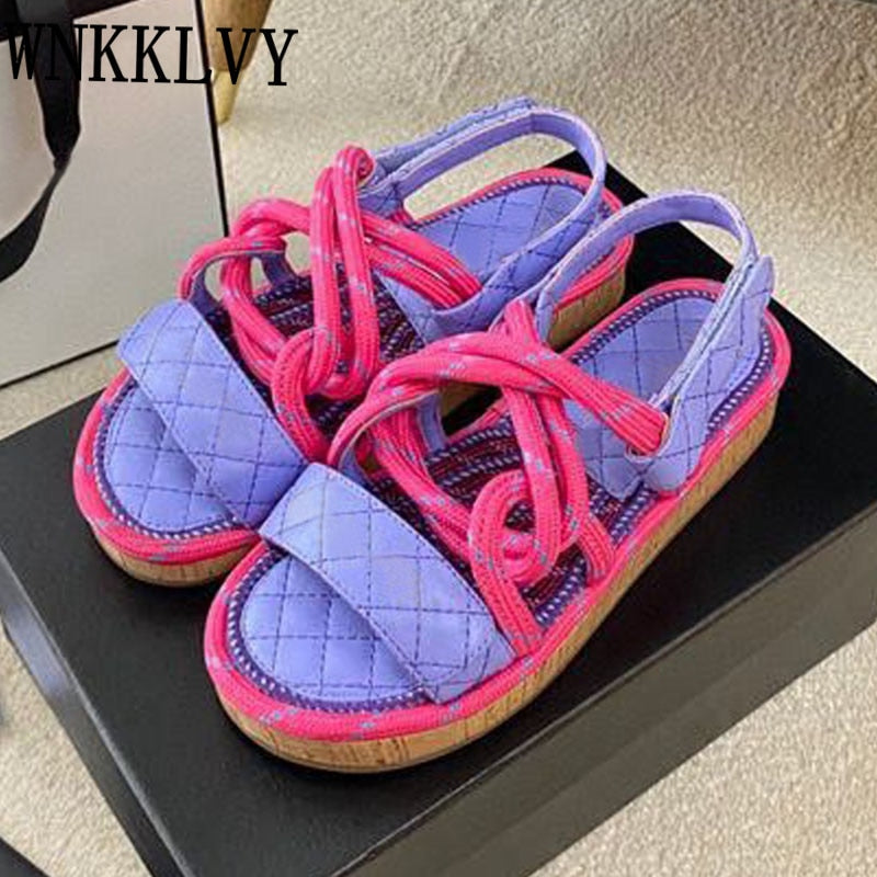 New Summer Women Real Leather Splicing Hemp Rope Open Toe Casual Sandals With Sticky Strap Design Resort Beach Flat Shoes 2024