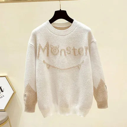 New Winter Women's Tracksuit Monster Letter Printed Knitted Pullover Sweater + Lamb Wool Vest +Casual Pants Suit 3 Piece Set Only Beige Sweater