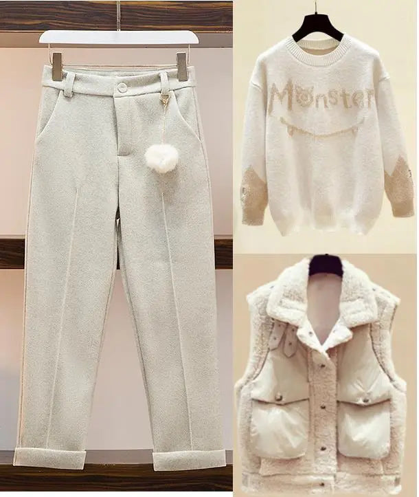 New Winter Women's Tracksuit Monster Letter Printed Knitted Pullover Sweater + Lamb Wool Vest +Casual Pants Suit 3 Piece Set
