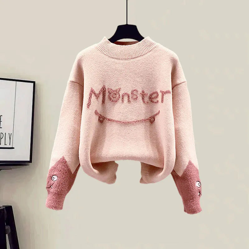 New Winter Women's Tracksuit Monster Letter Printed Knitted Pullover Sweater + Lamb Wool Vest +Casual Pants Suit 3 Piece Set Sweater 2