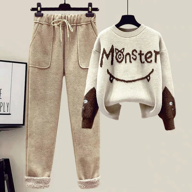 New Winter Women's Tracksuit Monster Letter Printed Knitted Pullover Sweater + Lamb Wool Vest +Casual Pants Suit 3 Piece Set 2pcs Set 2
