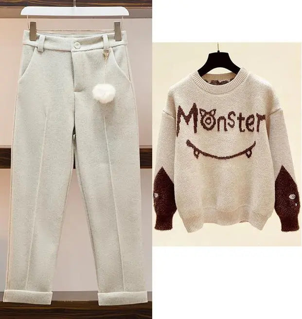 New Winter Women's Tracksuit Monster Letter Printed Knitted Pullover Sweater + Lamb Wool Vest +Casual Pants Suit 3 Piece Set