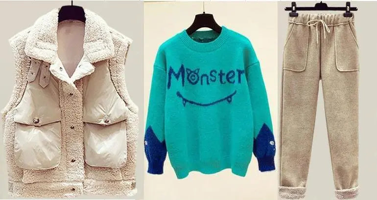 New Winter Women's Tracksuit Monster Letter Printed Knitted Pullover Sweater + Lamb Wool Vest +Casual Pants Suit 3 Piece Set 3 Piece Set4