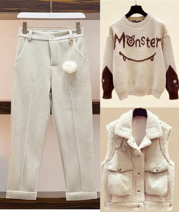 New Winter Women's Tracksuit Monster Letter Printed Knitted Pullover Sweater + Lamb Wool Vest +Casual Pants Suit 3 Piece Set 3 Piece Set 5
