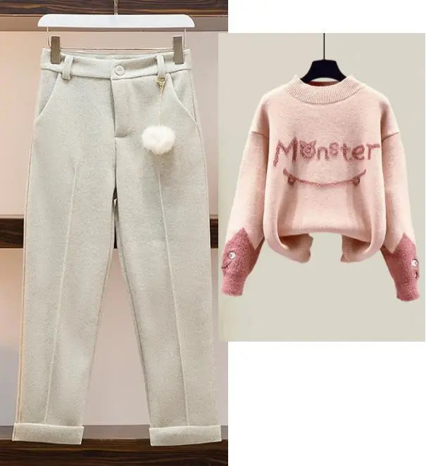 New Winter Women's Tracksuit Monster Letter Printed Knitted Pullover Sweater + Lamb Wool Vest +Casual Pants Suit 3 Piece Set