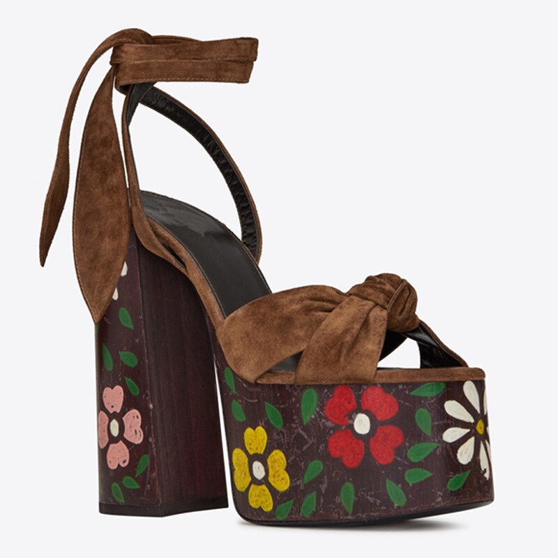 New Women Sandals Summer Shoes Sexy Thick High Heels Platform 10 colors Dress Party Wedding Shoes Woman Pumps Bow love heels Brown print