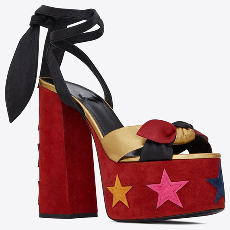 New Women Sandals Summer Shoes Sexy Thick High Heels Platform 10 colors Dress Party Wedding Shoes Woman Pumps Bow love heels Color star
