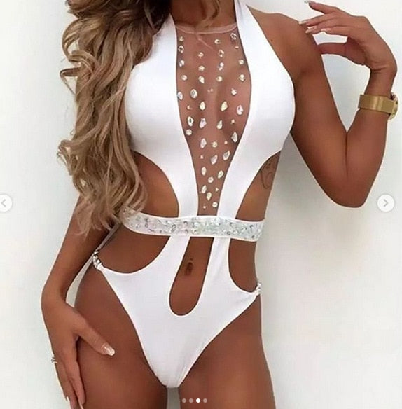 New Women Sexy Swimsuit Shiny Swimwear With Rhinestone Belt Chest Diamond-Studded Bikinis Halter Hollow Summer Bather S-XL