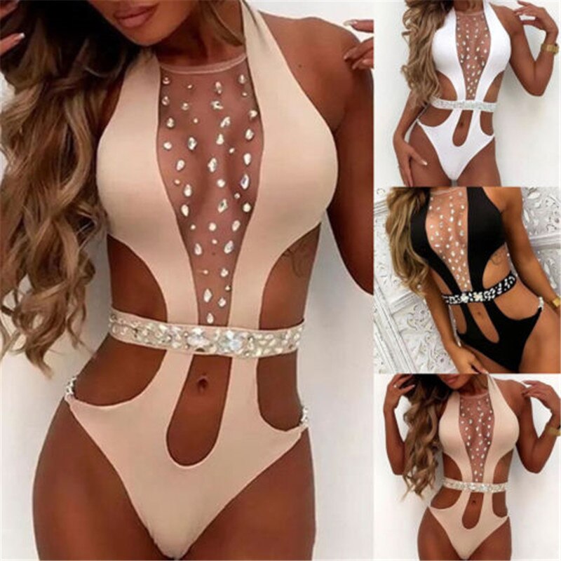New Women Sexy Swimsuit Shiny Swimwear With Rhinestone Belt Chest Diamond-Studded Bikinis Halter Hollow Summer Bather S-XL