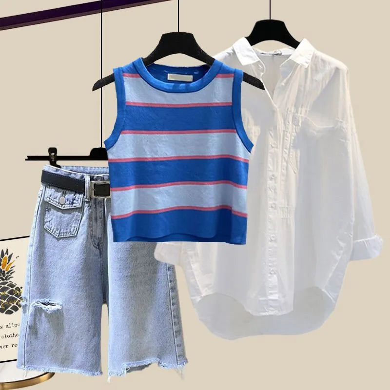 New Women Summer Denim Half Pants Lady Daily Causal White Shirts Stripe Knit Vest Jeans 3 Piece Set Fashion Top Steetwear Female Blue Set