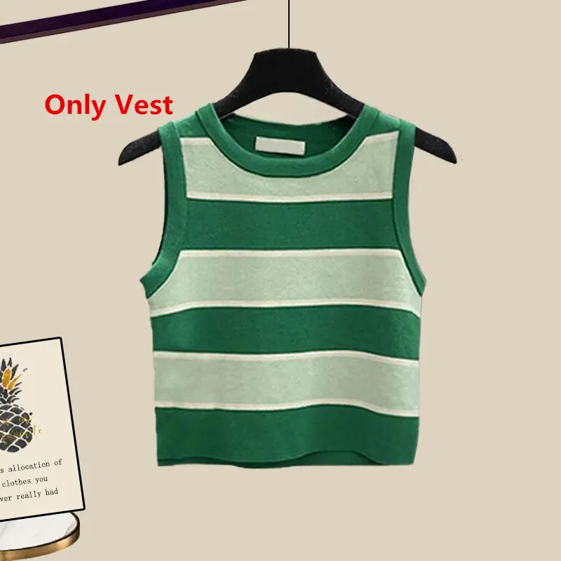 New Women Summer Denim Half Pants Lady Daily Causal White Shirts Stripe Knit Vest Jeans 3 Piece Set Fashion Top Steetwear Female Only Green Vest