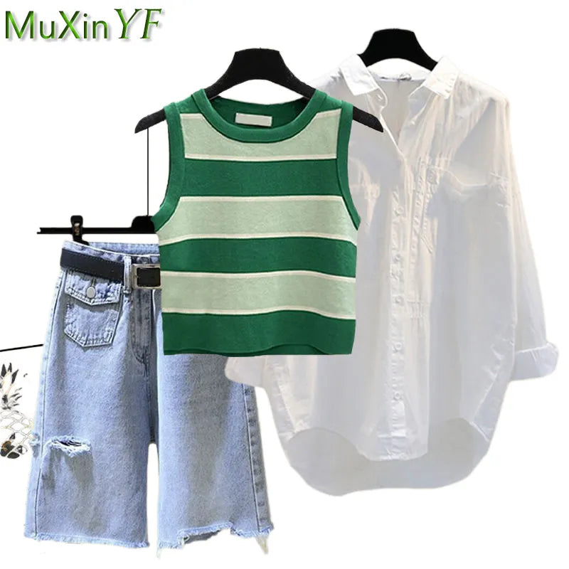 New Women Summer Denim Half Pants Lady Daily Causal White Shirts Stripe Knit Vest Jeans 3 Piece Set Fashion Top Steetwear Female