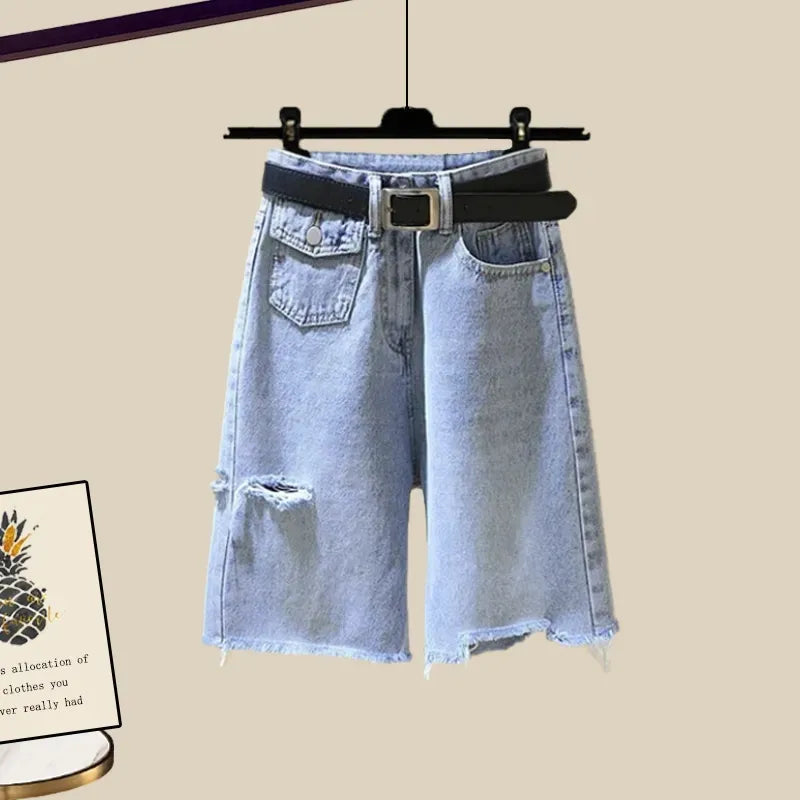 New Women Summer Denim Half Pants Lady Daily Causal White Shirts Stripe Knit Vest Jeans 3 Piece Set Fashion Top Steetwear Female