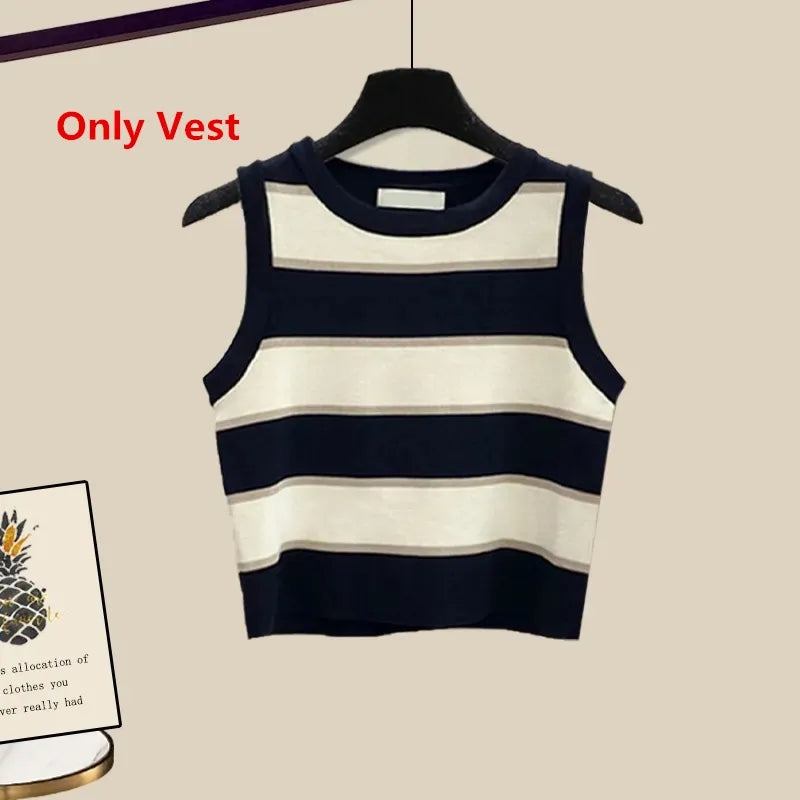 New Women Summer Denim Half Pants Lady Daily Causal White Shirts Stripe Knit Vest Jeans 3 Piece Set Fashion Top Steetwear Female Only Black Vest