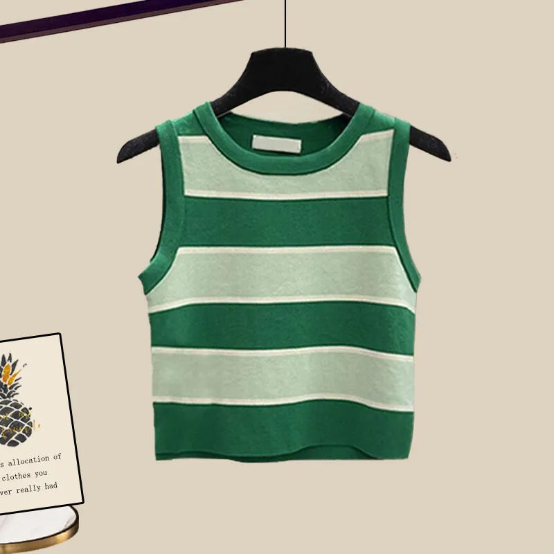 New Women Summer Denim Half Pants Lady Daily Causal White Shirts Stripe Knit Vest Jeans 3 Piece Set Fashion Top Steetwear Female