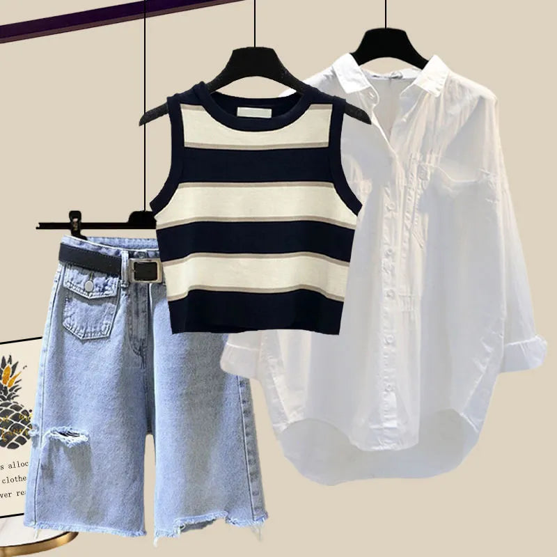 New Women Summer Denim Half Pants Lady Daily Causal White Shirts Stripe Knit Vest Jeans 3 Piece Set Fashion Top Steetwear Female