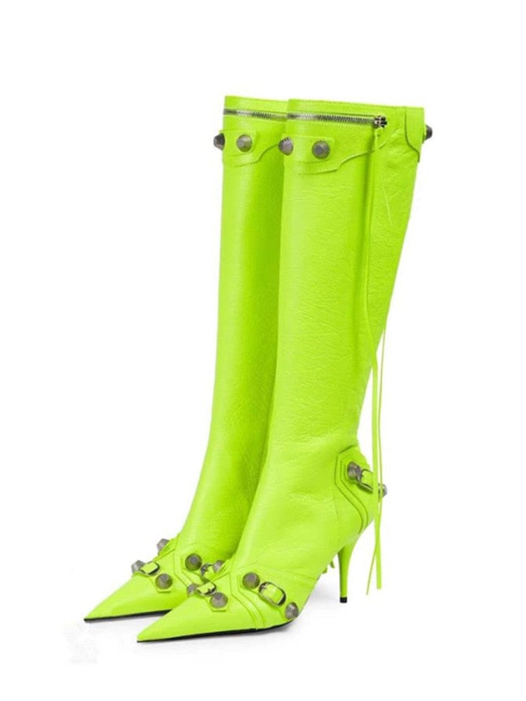 New Women's Boots Pointed Toe High-heeled Boots Paris Fashion Knee-high Boots European and American Party Boots green
