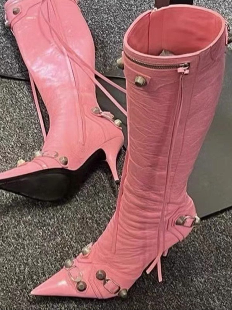 New Women's Boots Pointed Toe High-heeled Boots Paris Fashion Knee-high Boots European and American Party Boots pink