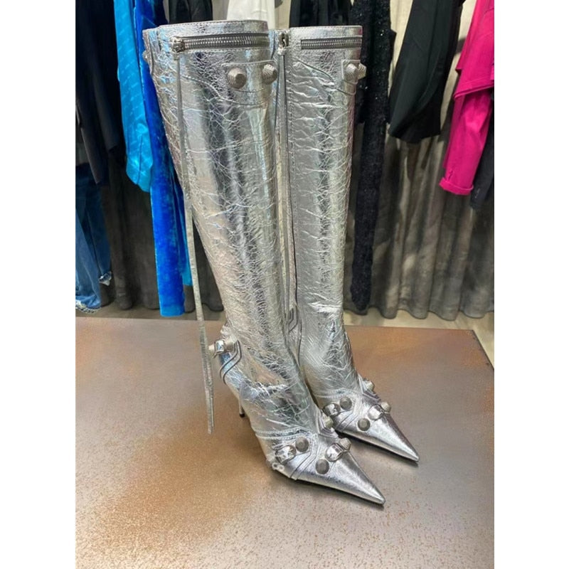 New Women's Boots Pointed Toe High-heeled Boots Paris Fashion Knee-high Boots European and American Party Boots