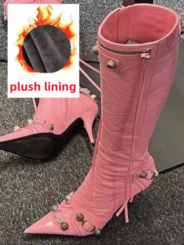 New Women's Boots Pointed Toe High-heeled Boots Paris Fashion Knee-high Boots European and American Party Boots